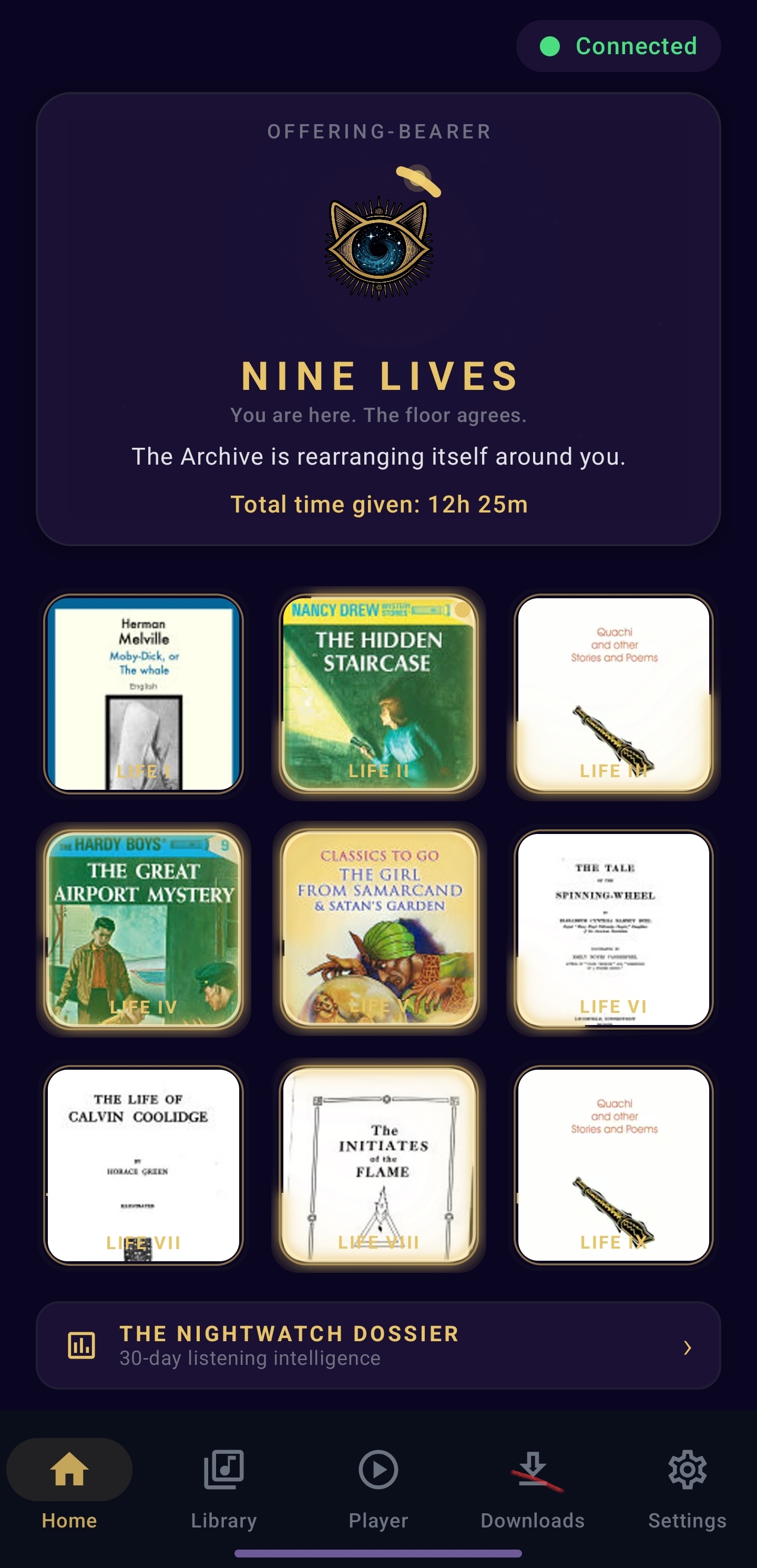 Nine Lives Audio home screen showing a 3x3 grid of recently played audiobooks with fluorescent progress glow