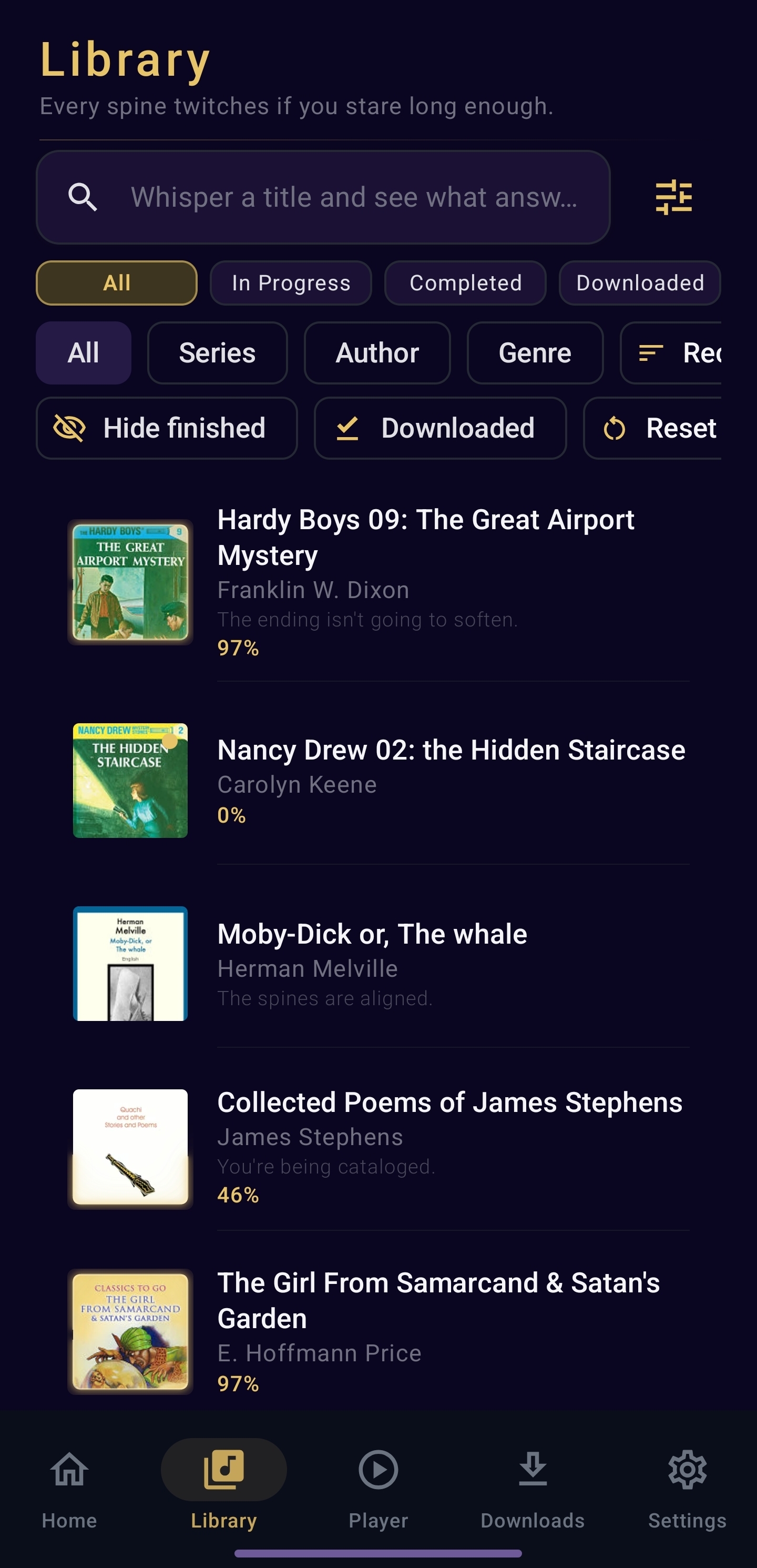 Nine Lives Audio library filters showing grouping by series, author, and genre