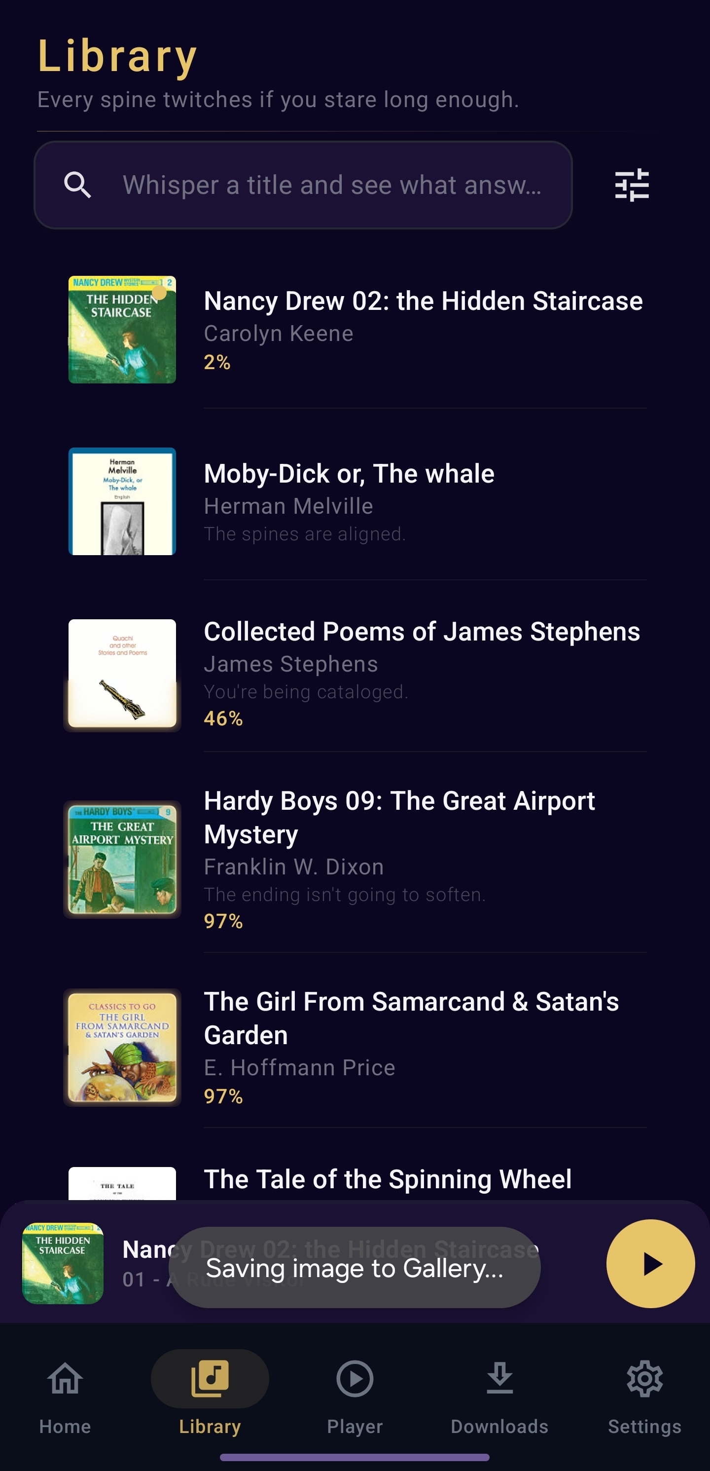 Nine Lives Audio library screen showing audiobook collection with sort and filter options