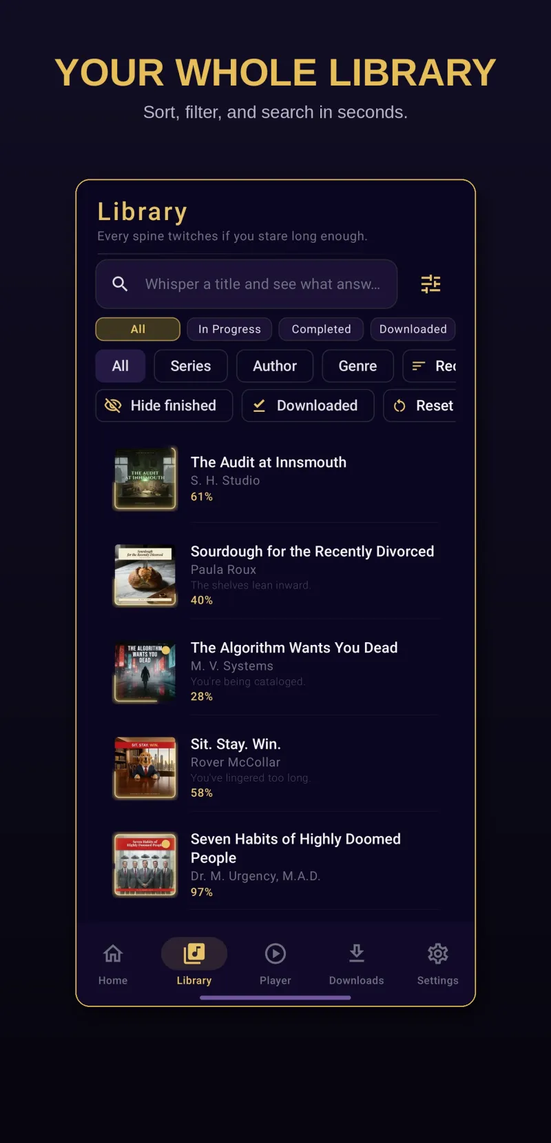 Nine Lives Audio library screen showing audiobook collection with sort and filter options