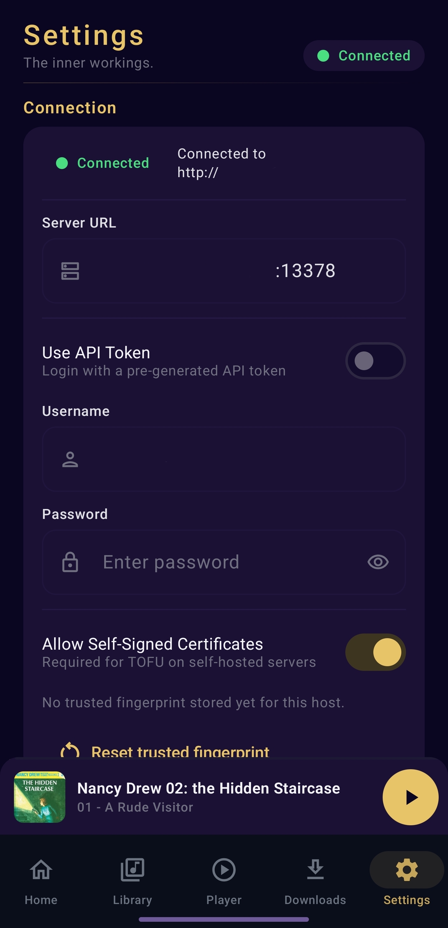 Nine Lives Audio settings screen showing server connection, sync, sleep timer, and theme options