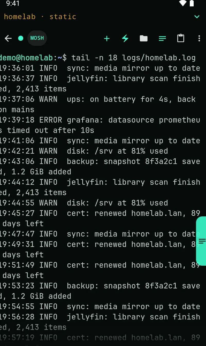SlipShell terminal on a Mosh session, tailing a home lab log