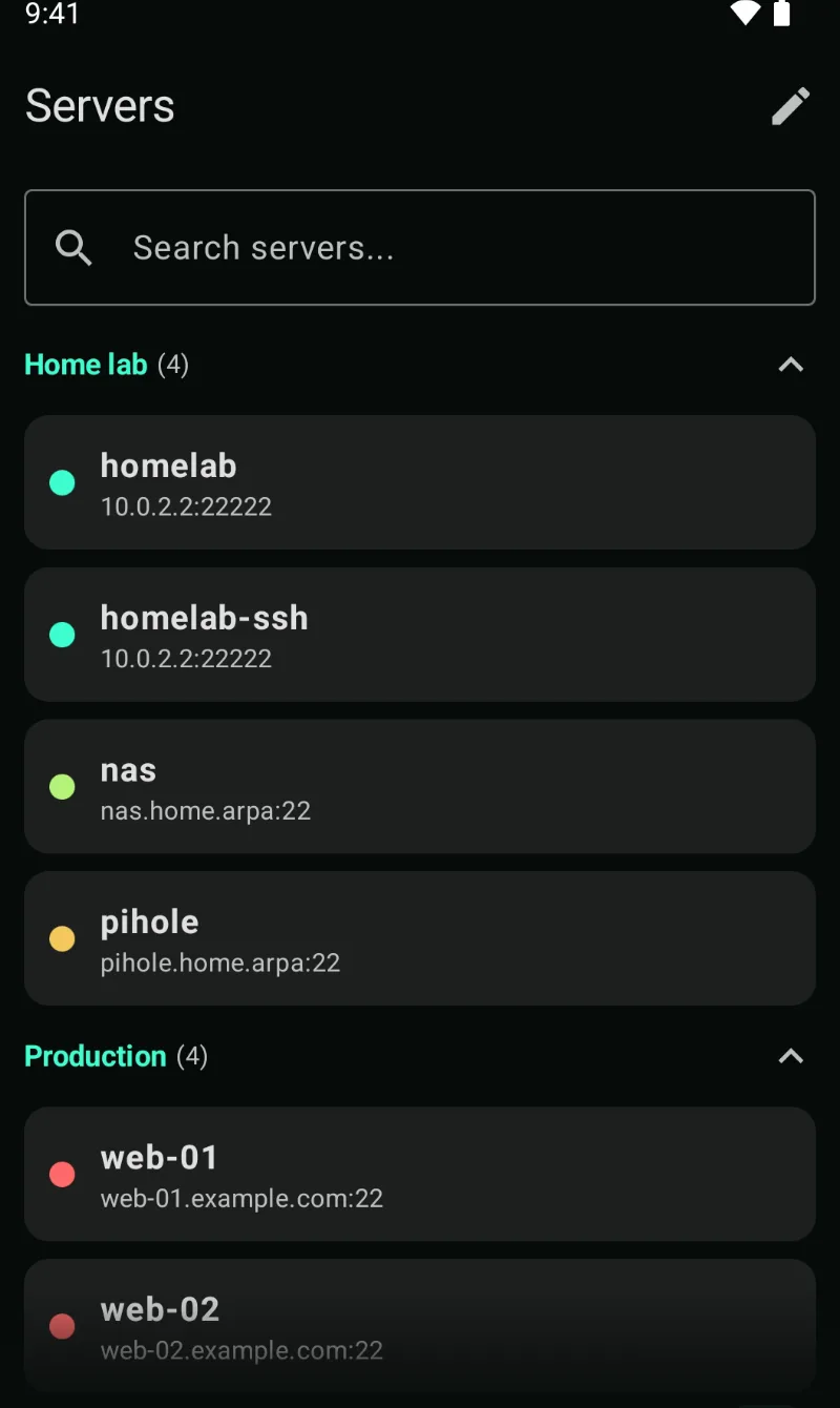 SlipShell Android screen with saved remote servers