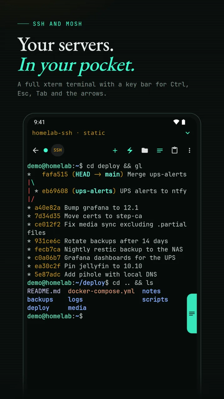 SlipShell terminal showing a git log, with the key bar for Ctrl, Esc, Tab, and arrows