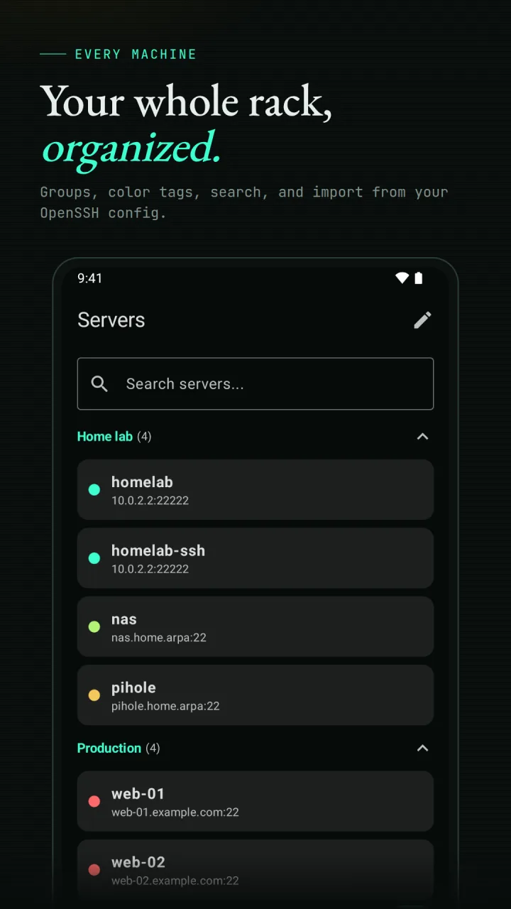 SlipShell server list grouped into Home lab and Production