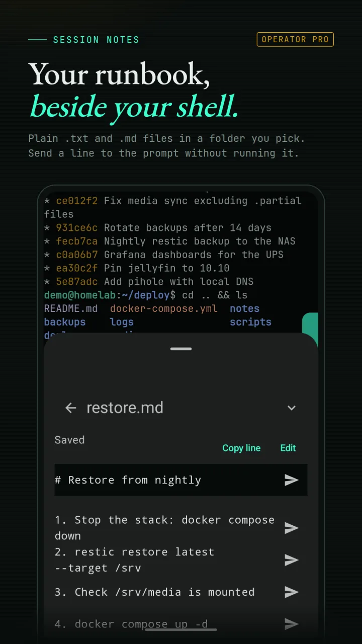 SlipShell session notes runbook open in a sheet over a live terminal