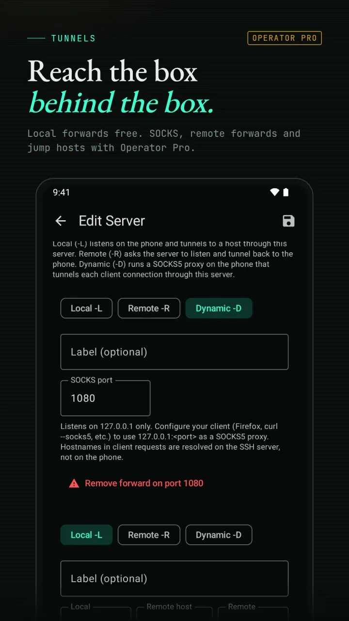 SlipShell Edit Server screen with local, remote, and dynamic forward options